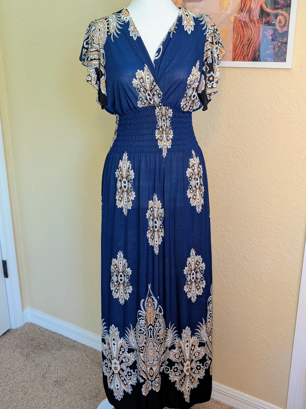 Tamsy Smocked Waist Flutter Sleeve Maxi Dress-Fits S,M,L